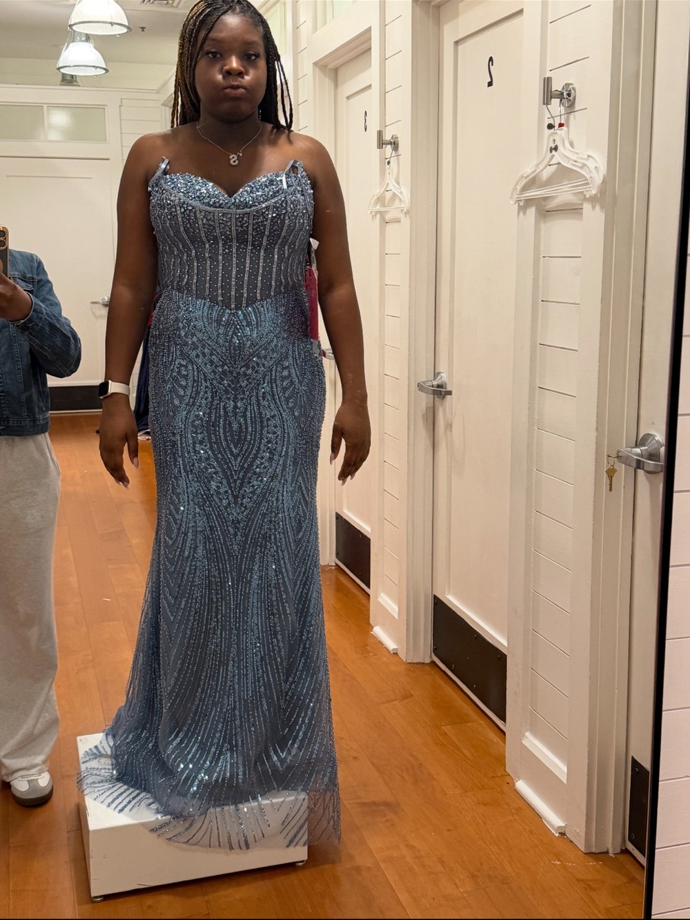 Beaded Navy Blue Evening Gown - Women's Formal Dress